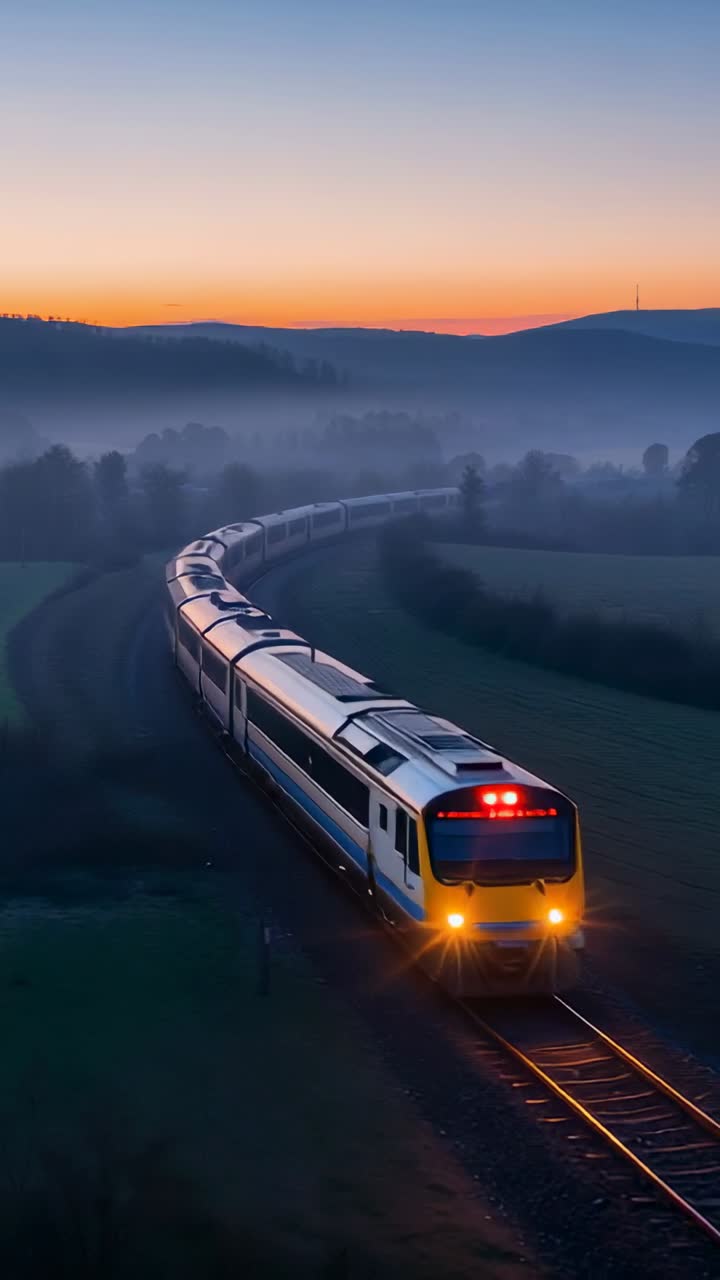 Vertical video: Moving passenger train on S-curve through mist, headlights, red lights glowing