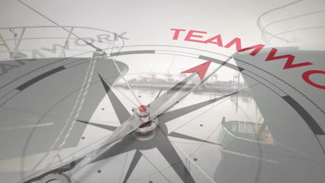 animation of compass with arrow pointing to teamwork text over boats in harbour