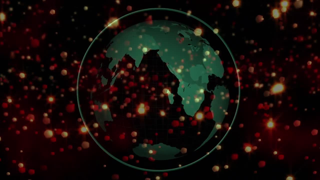 검은 바탕에 회전하는 지구 위에 떠다니는 빛의 불꽃의 애니메이션