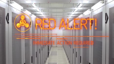 Animation-of-red-alert-text-and-symbol-over-server-room