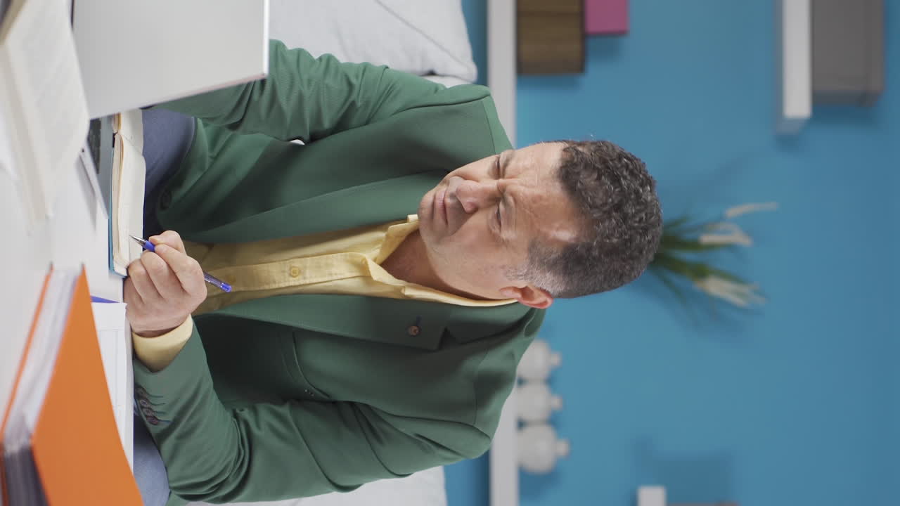 video vertical de un anciano trabajador de la oficina en casa trabajando en serio y concentrado.