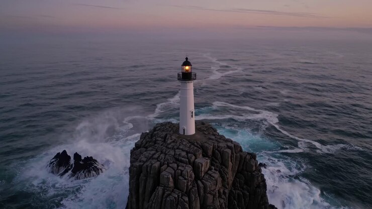 Aerial video captures a solitary lighthouse atop rugged cliffs at dusk, surrounded by ocean waves