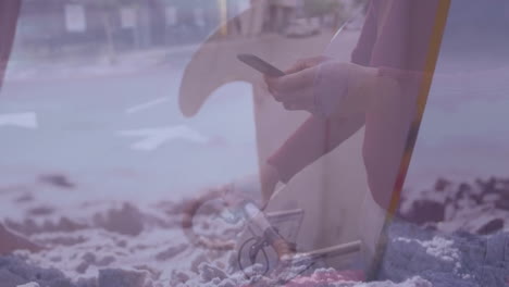 using smartphone on bicycle in snowy street, blending urban and digital life