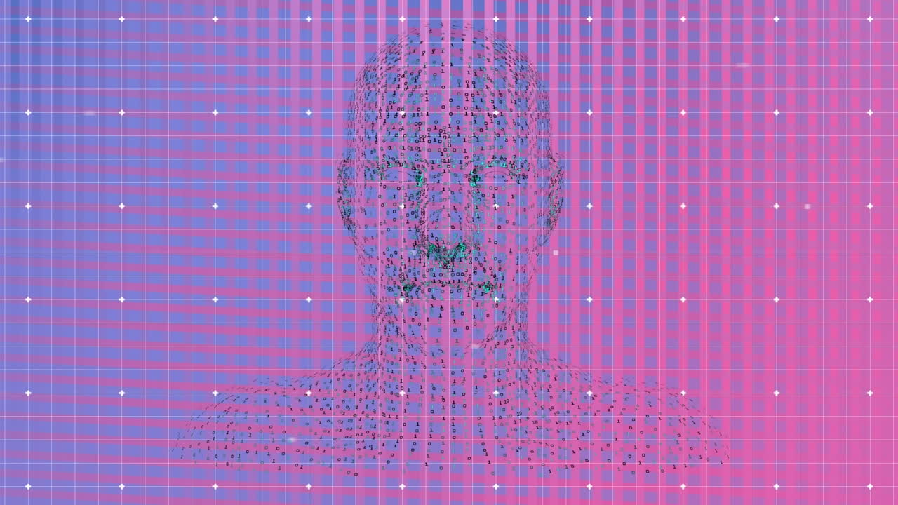 animación de humano digital y puntos en fondo azul