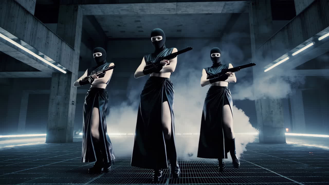 Masked Women Dancers in Industrial Setting