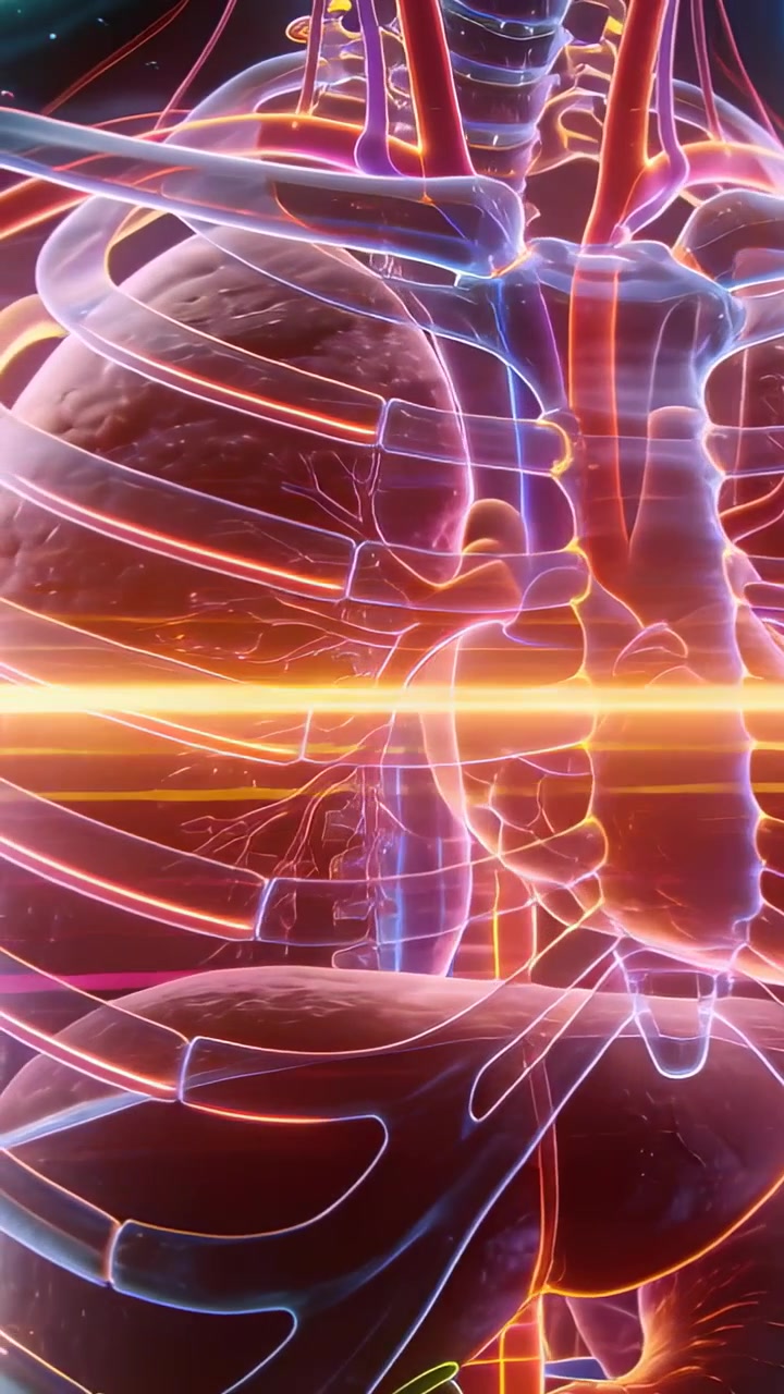 Vertical video: Sweeping scanner crossing chest in 3D, lighting pulsing heart and lungs for imaging