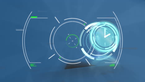 animación del reloj moviéndose rápido y escaneo de alcance en fondo azul