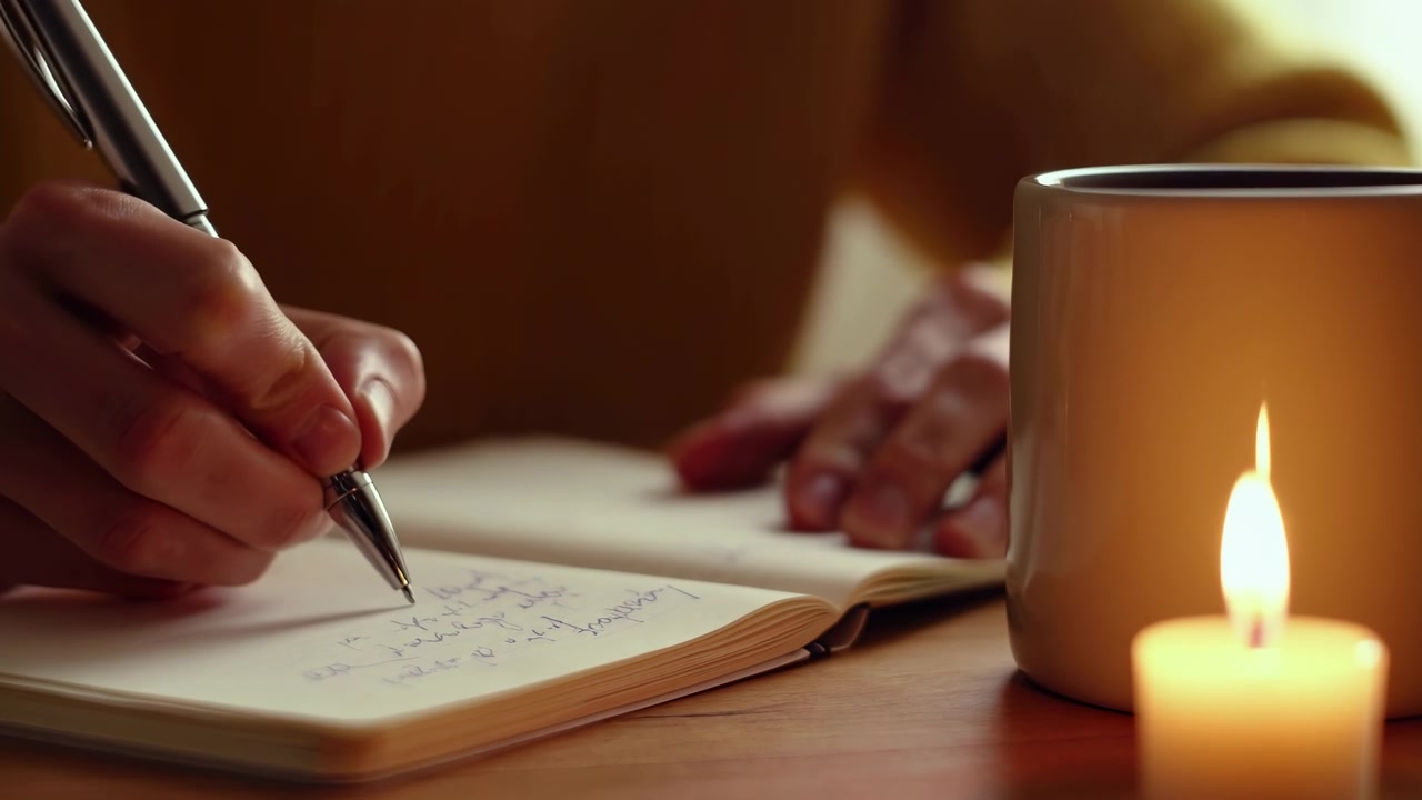 Hand Writes In Notebook By Candle, Soft Warm Glow From Candle And Mug Highlights Pen Strokes And Textured