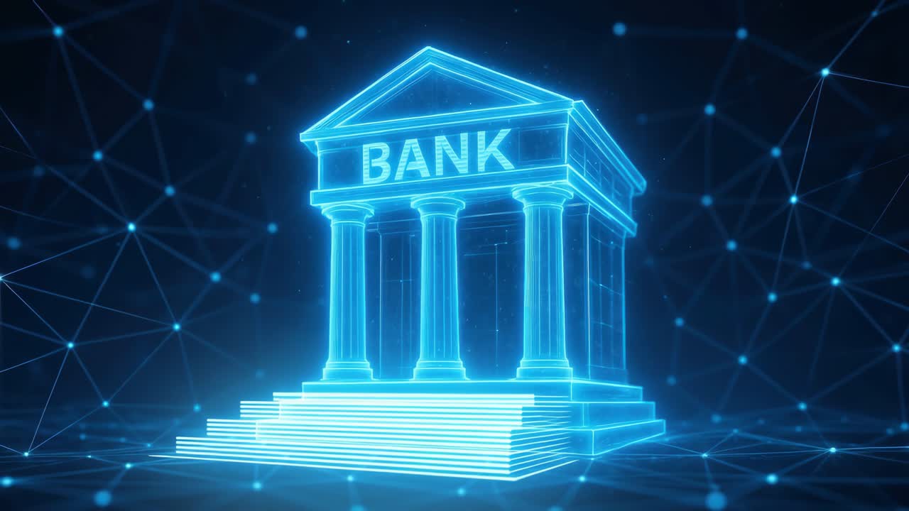 Futuristic video concept of a digital bank, with a glowing holographic style
