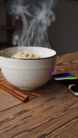 hot noodles in a bowl on a wooden table