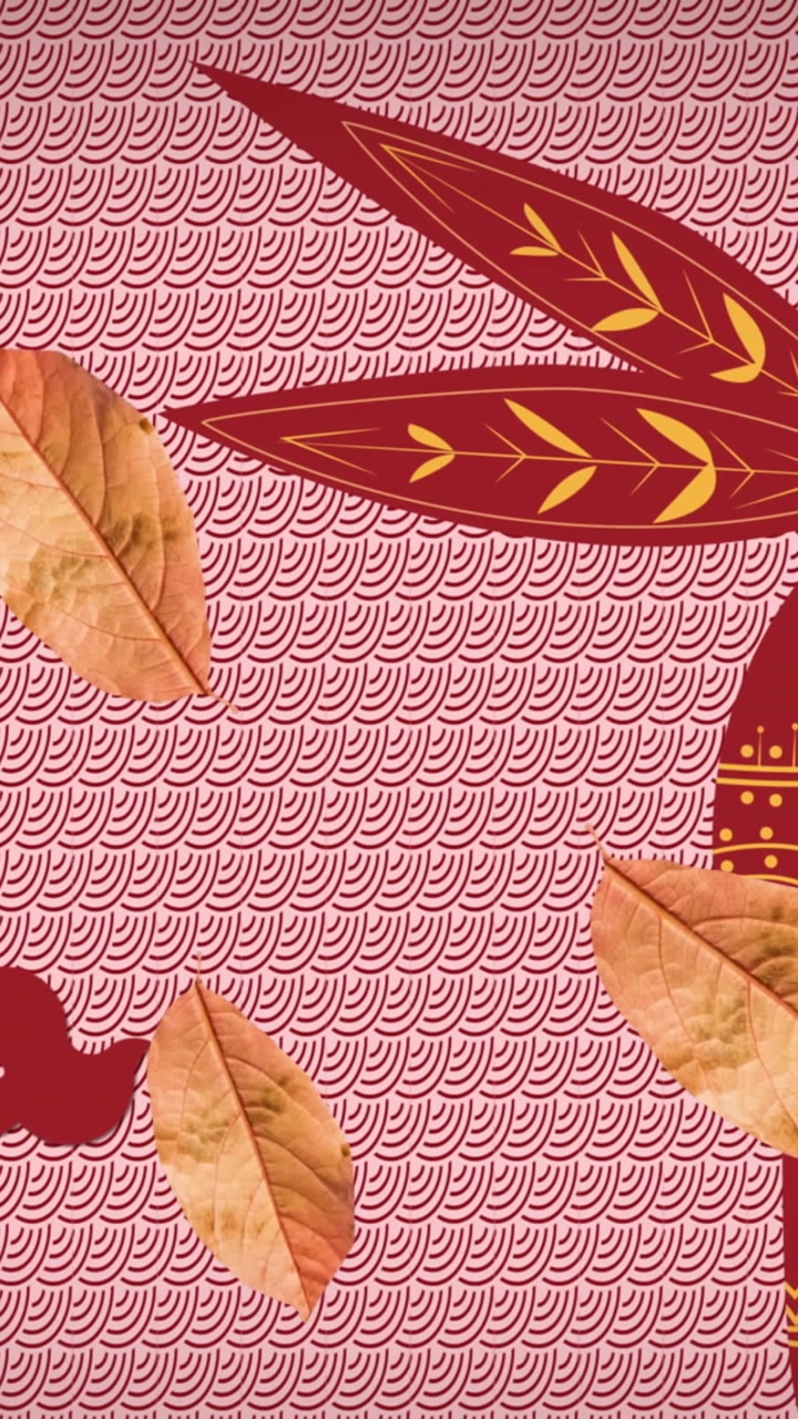 Animazione di foglie cadenti su decorazioni tradizionali cinesi con coniglio su sfondo rosa