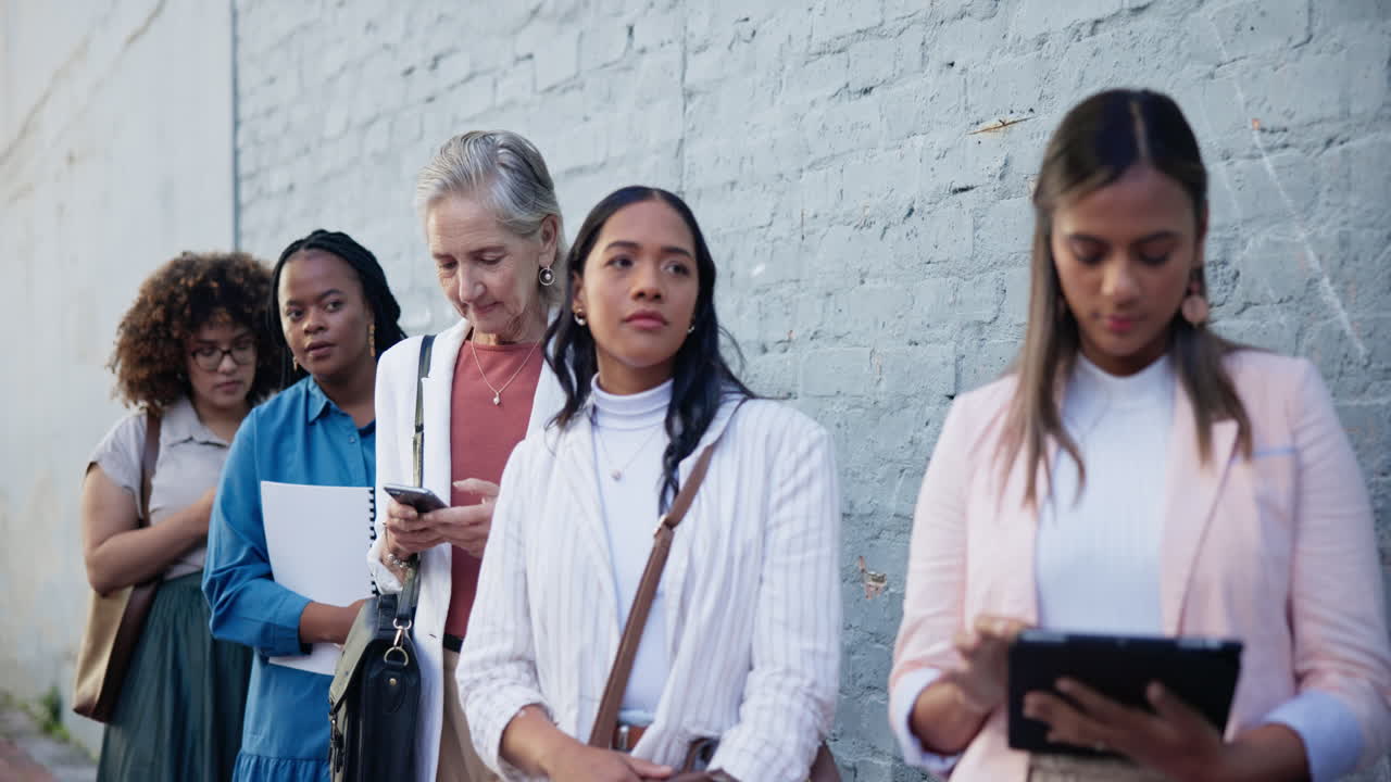 대기, 고용 및 사업 여성들이 줄을 서 있습니다.