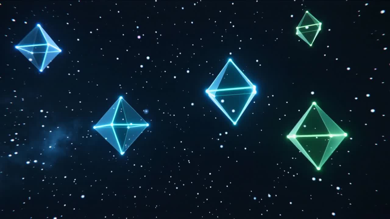 Rotating glowing wireframe polyhedra drifting in starfield, intersecting, causing particle burst