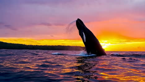 whale breaching against a vibrant sunset