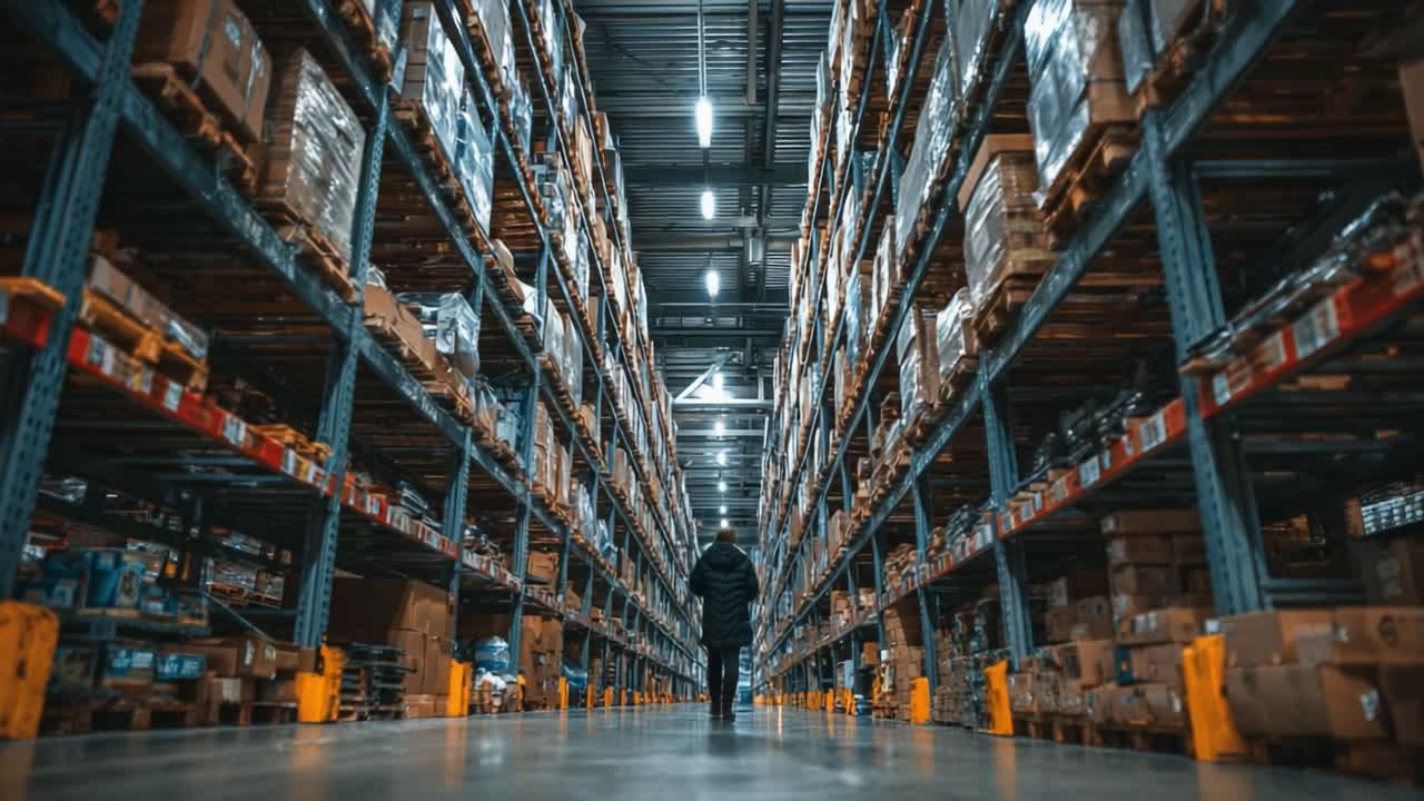 Exploring the Depths of a Warehouse: A Sole Figure Navigating Through Aisles of Packed Shelves and Boxes in a Vast Storage Facility