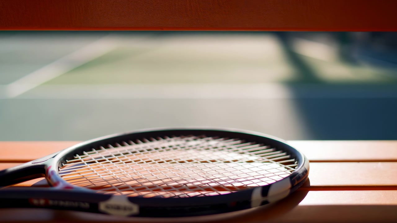 Tennis racket resting flat on weathered wooden bench slats beside outdoor court, with green surface, white line, warm sunlight, soft shadow, crisp string pattern, and calm athletic mood