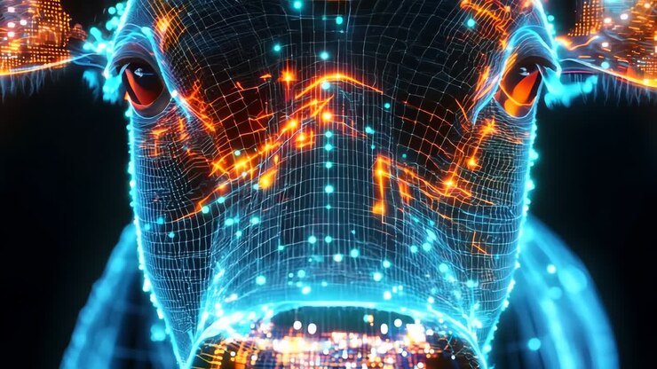 A close up of a cow's face with a digital background