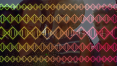 colorful dna strand animation over two people smiling in casual attire