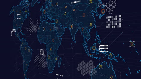 animation of world map with data processing on black background