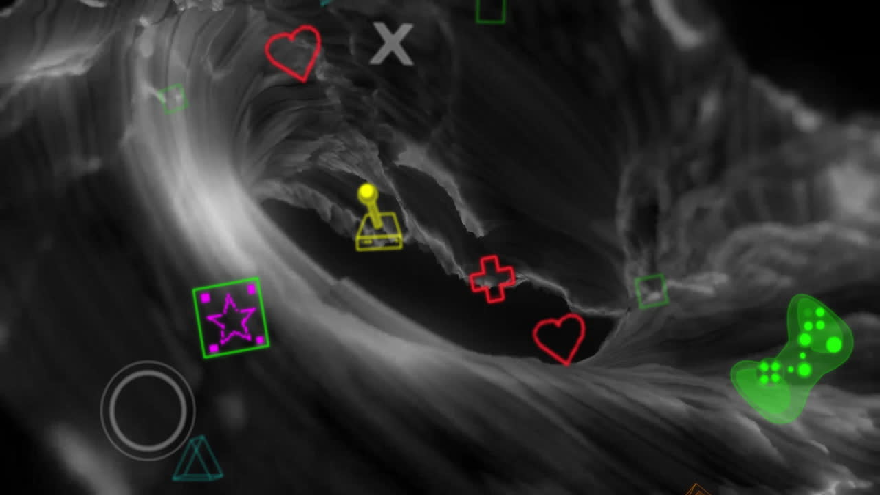 떨어지는 기호, 기하학적 모양 및 게임 콘솔의 애니메이션이 동적 패턴을 통해