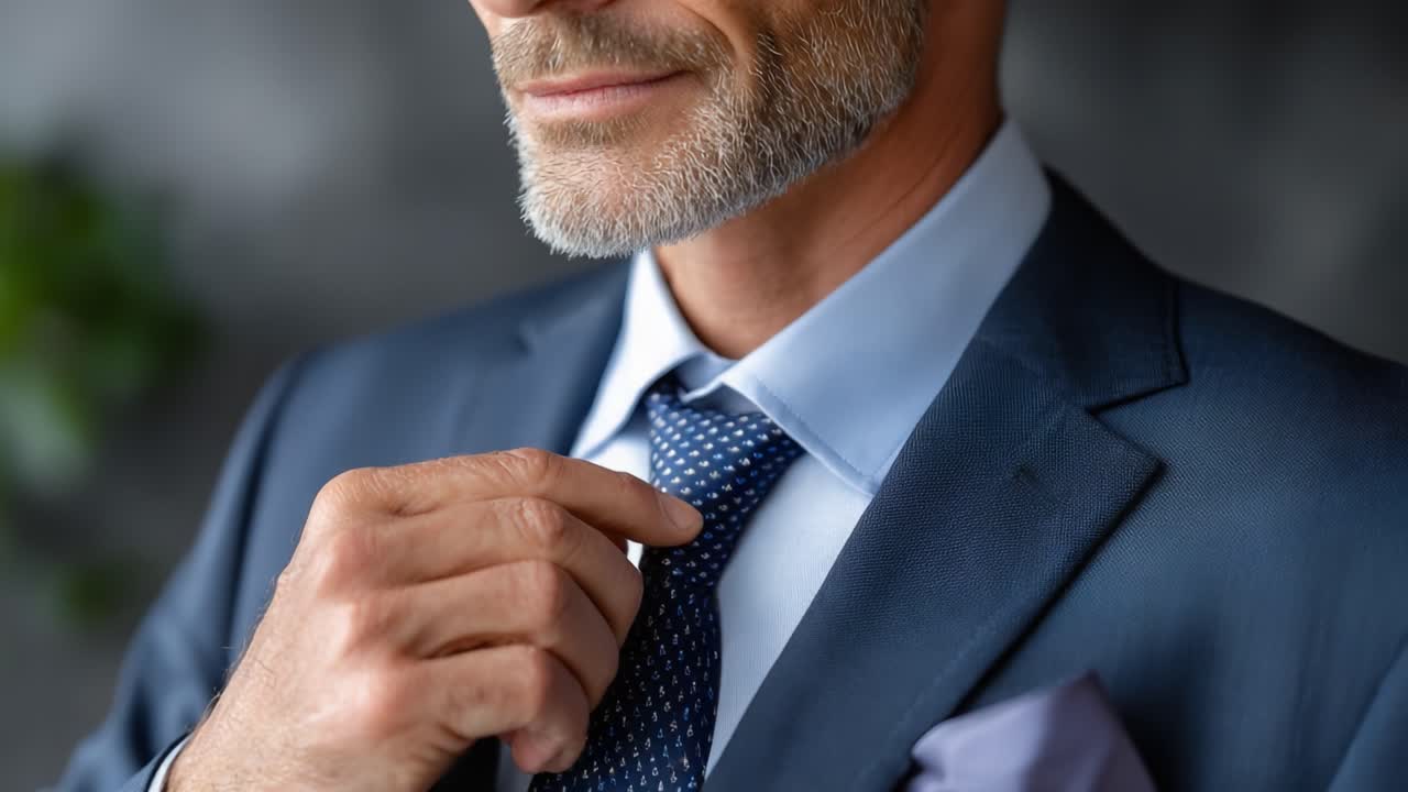 Confident Professional Adjusting his Tie, Exuding Style and Charisma in a Classy Suit, Portraying Elegance and Poise in a Sophisticated Setting