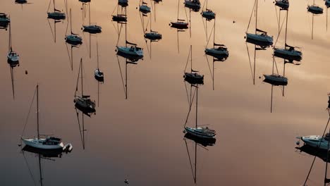 aerial forward tracking shot of sailboats anchored on calm peaceful orange red purple waters of windermere lake