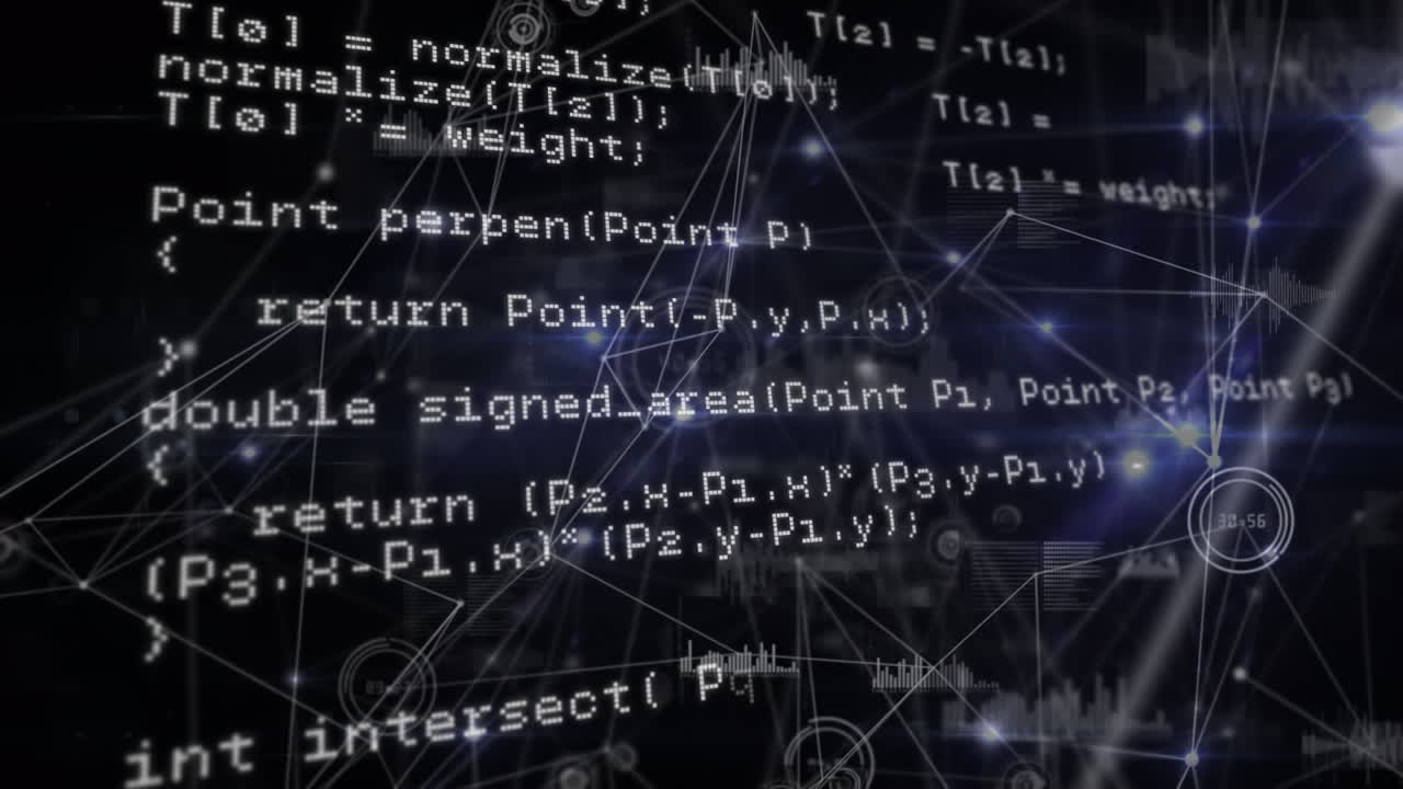 animación del procesamiento de datos en pantalla y red de conexiones