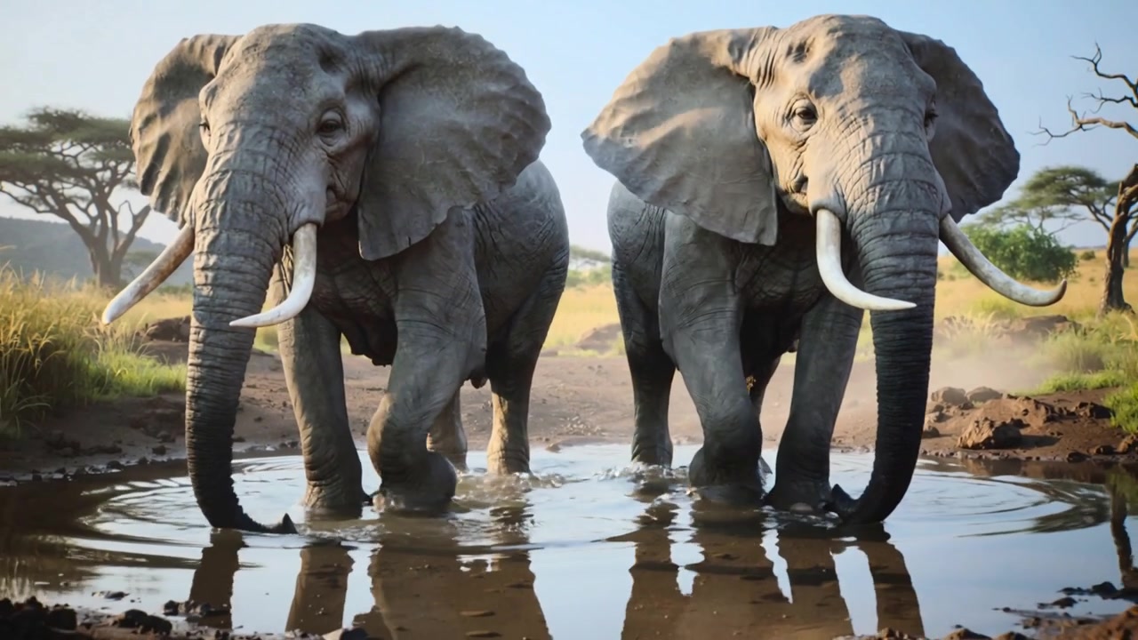 Melihat lubang air dua gajah mencelupkan belalai ke air untuk minum, memercik, melangkah ke tepian lumpur