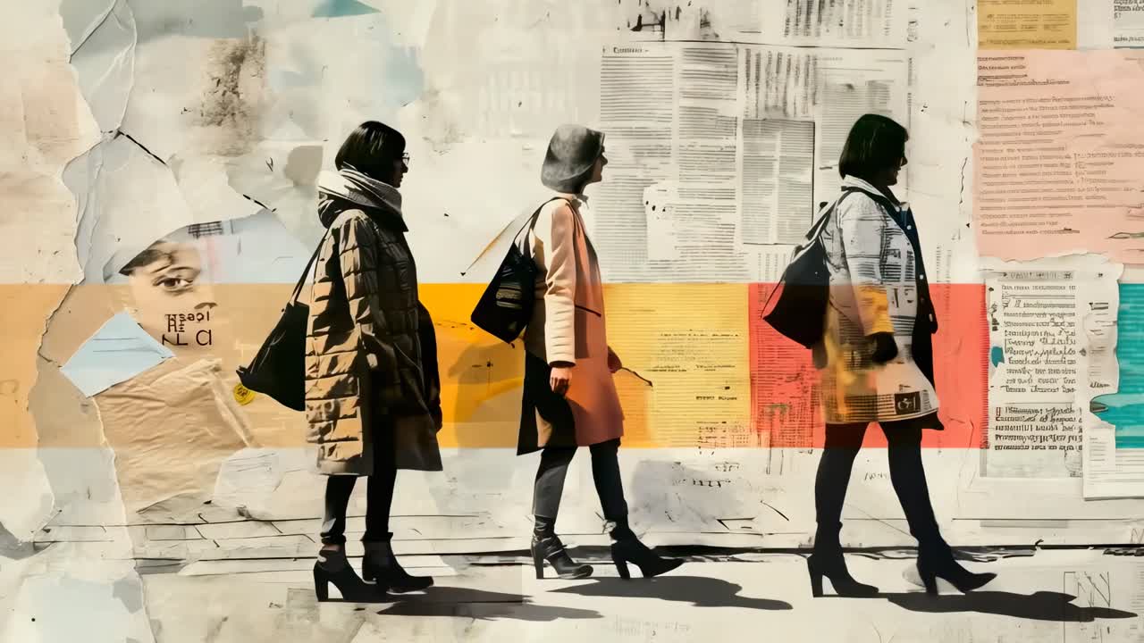 Artistic video concept of three women walking side by side, captured from a side angle