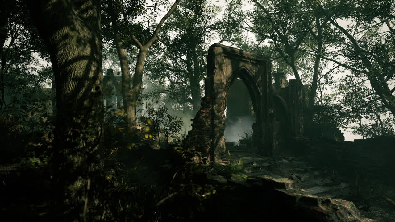 Mysterious ruins hidden in a dense forest at dawn shrouded in mist