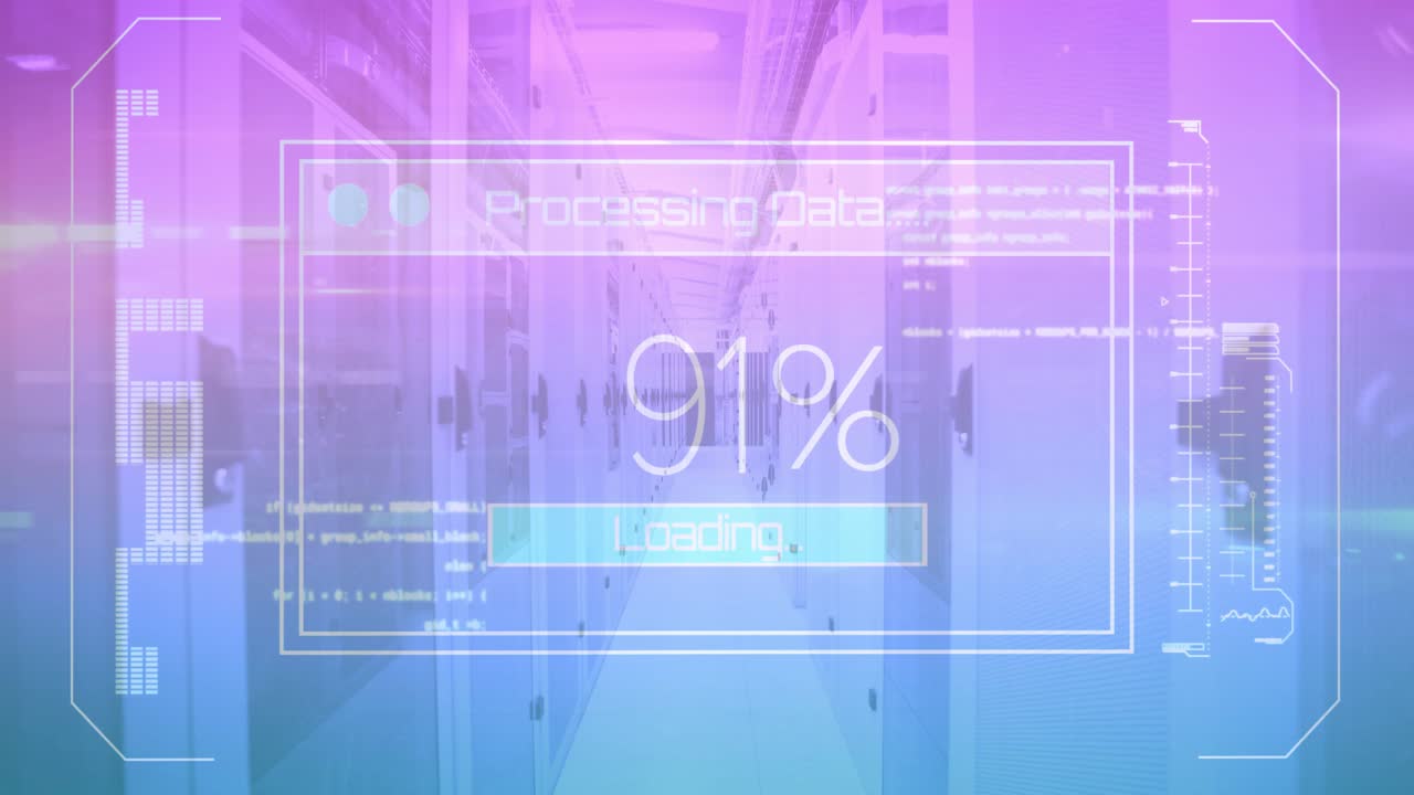On fading in UI overlay appearing over corridor showing loading bar filling processing progress