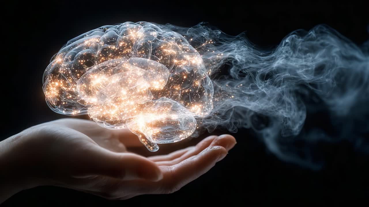 A Visual Representation of Mindfulness and Thought, Showcasing the Sparkling Brain Emitting Energy Surrounded by Wisps of Imagination in a Dark Setting