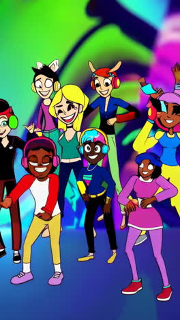 vibrant animated characters dancing with headphones