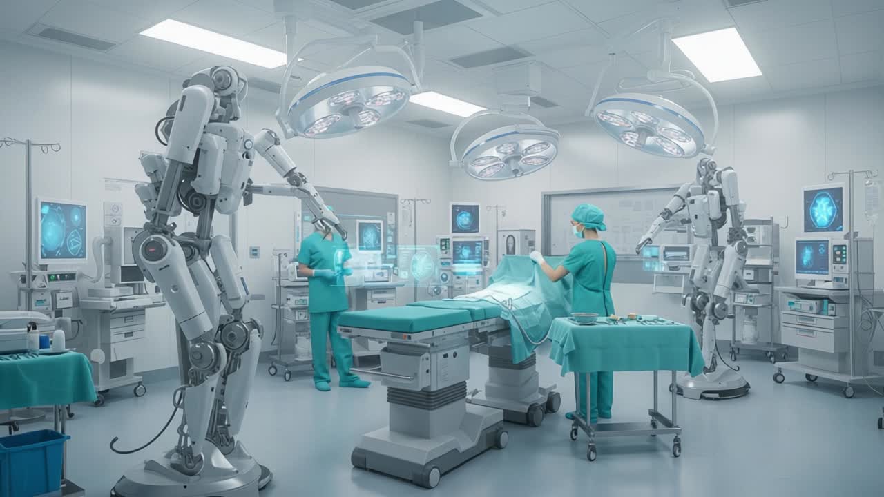 Robotic Surgery: A Futuristic Operating Room with Advanced Technology and Automation, Showcasing Robots Assisting Doctors in a High-Tech Medical Environment
