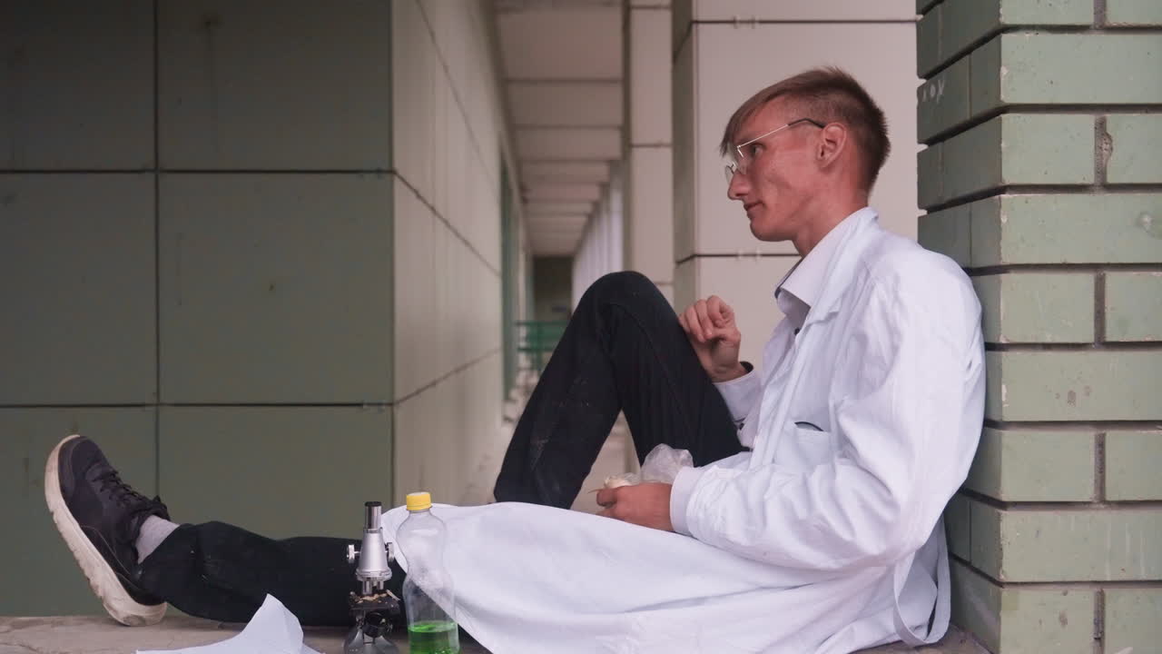 Young man in white coat sits with leg stretched out against wall, eating pastry with relaxed focus, surrounded by notebook, pen, microscope, and bottle, reflecting casual break during study outdoors