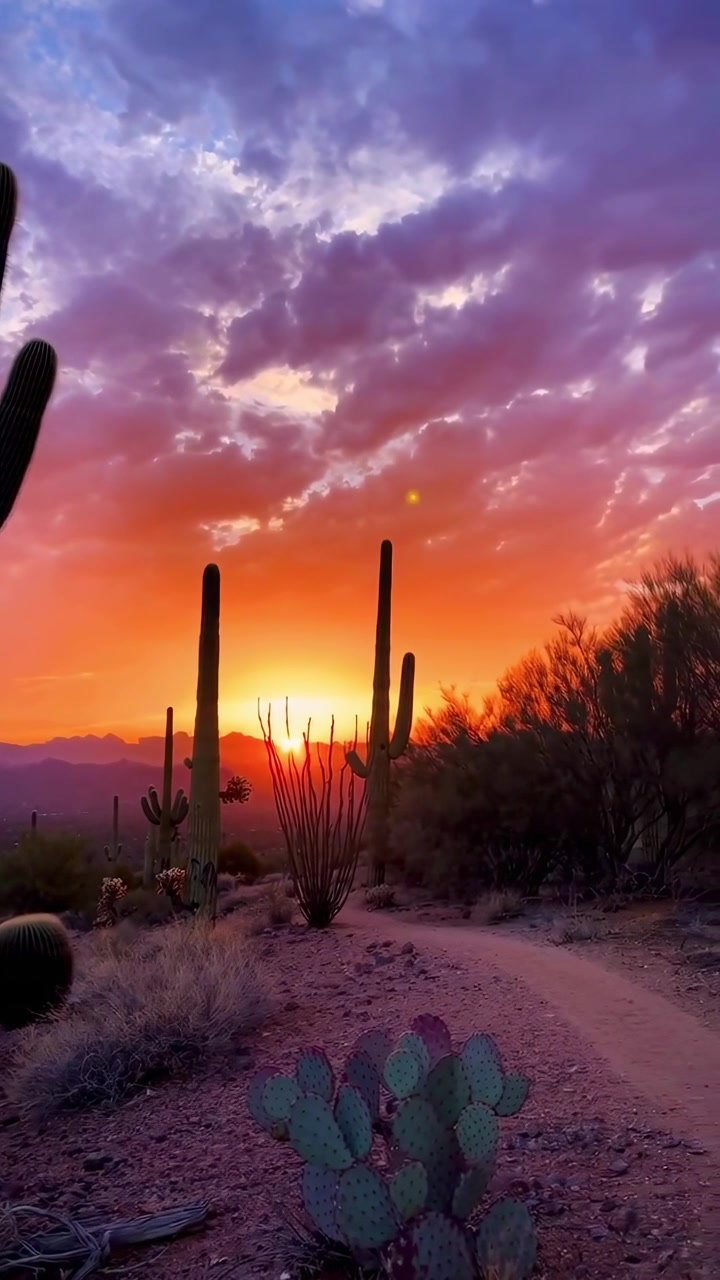Time-lapse di un tramonto vibrante su un paesaggio desertico di cactus Saguaro