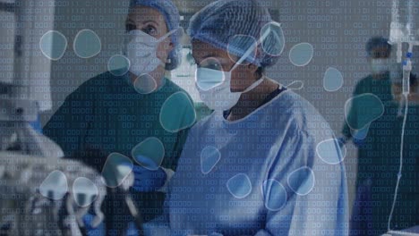 animation of data processing with dna strand over diverse surgeons operating on patient at hospital
