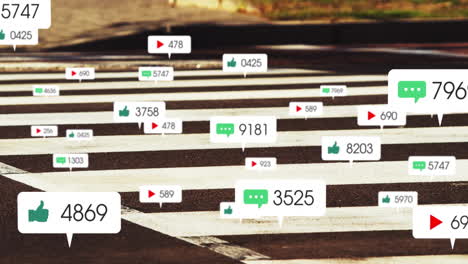 animación de participación en las redes sociales sobre una calle concurrida con varios iconos de interacción