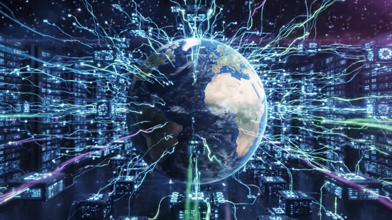 A Stunning Visualization of Data Flow from Server Racks Leading to a Global Network, Illustrating Connectivity and the Digital Transformation of Information.
