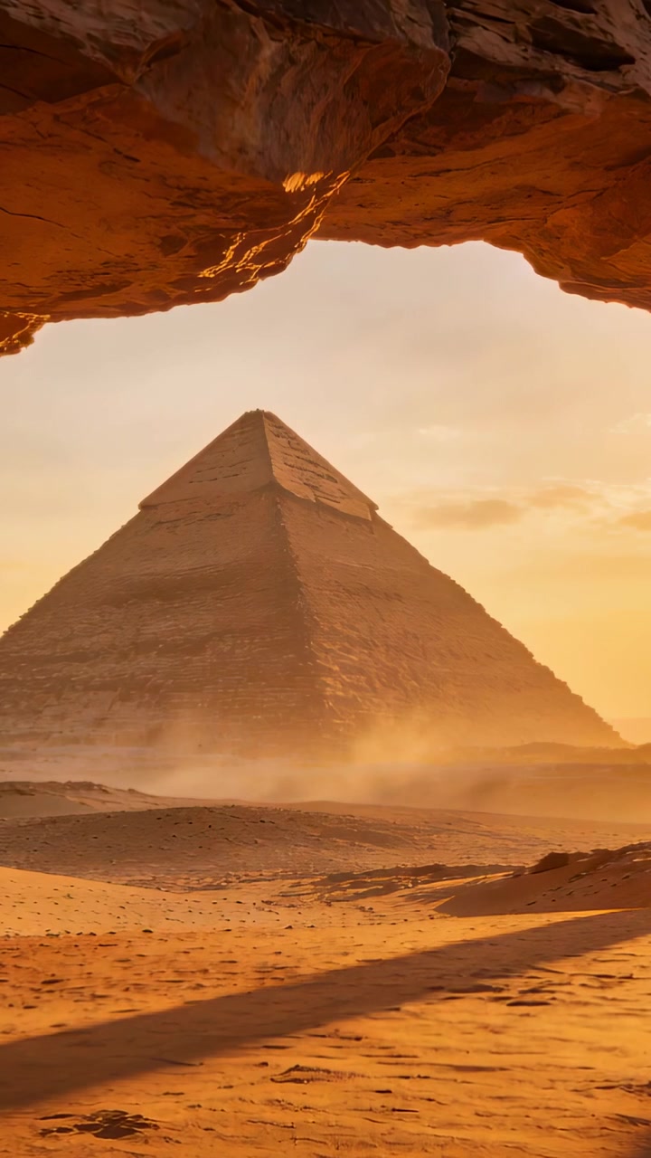 Vertikální video: Pohyblivá kamera odhaluje pyramidu pod skalním převisem, aby ukázala její velikost, vítr zvedá opar.