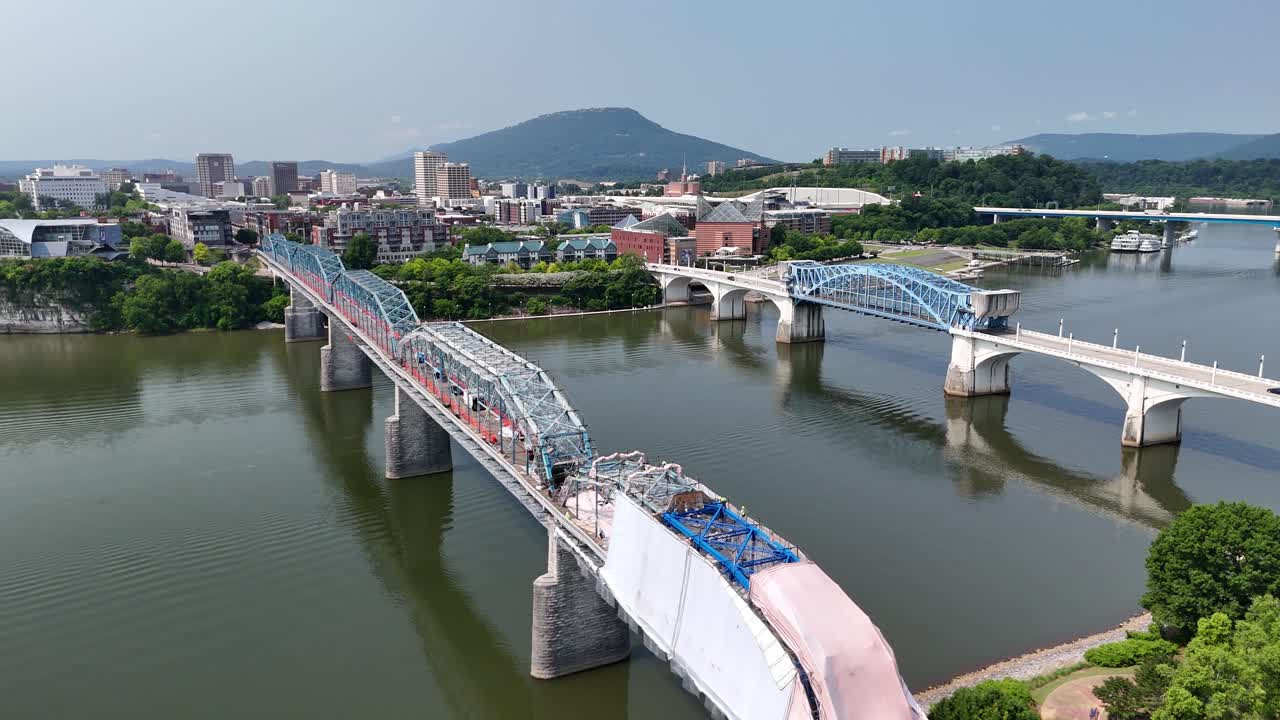 Aerial Drone Journey Over Chattanooga Riverfront, Tennessee