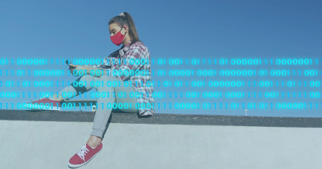 Adult female tapping phone on ledge starting cyan binary overlay sweeping over skateboard for tech