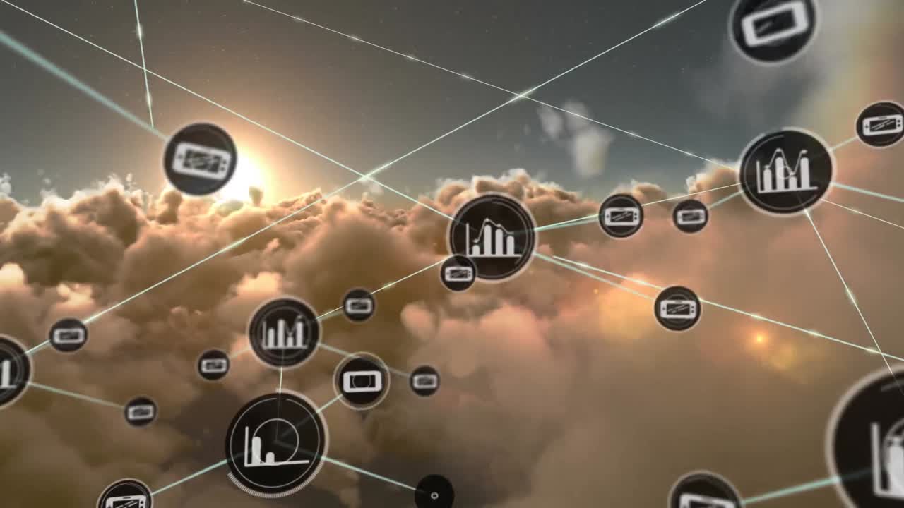 하늘 위의 아이콘으로 연결 네트워크의 애니메이션