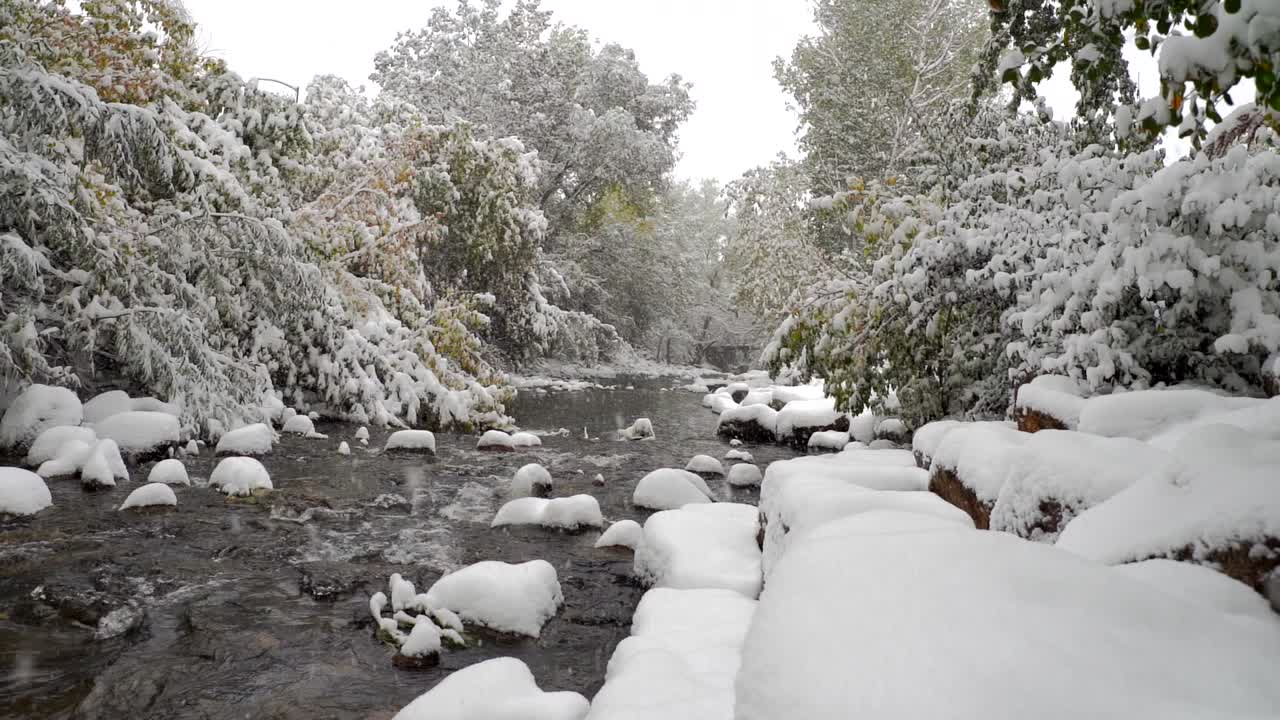 nieve cayendo en cámara lenta en el arroyo boulder, boulder, colorado