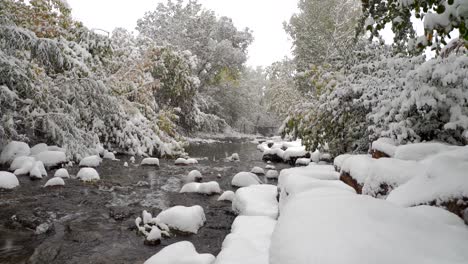 Snow-falling-in-slow-motion-in-the-Boulder-Creek,-Boulder,-Colorado