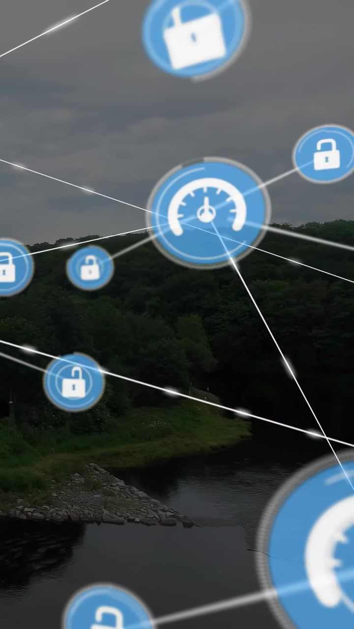 Vertikal video: Første blå node vises ved kysten, HUD-noder linker, skifter låse, der viser netværk.