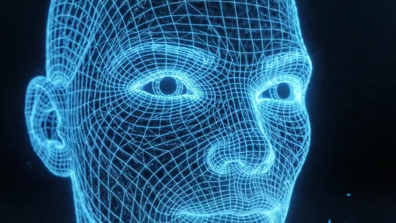 A Glowing Blue Wireframe Model of a Human Face Showing Details in 3D, Emphasizing the Depth and Structure of the Human Features in a Futuristic Design