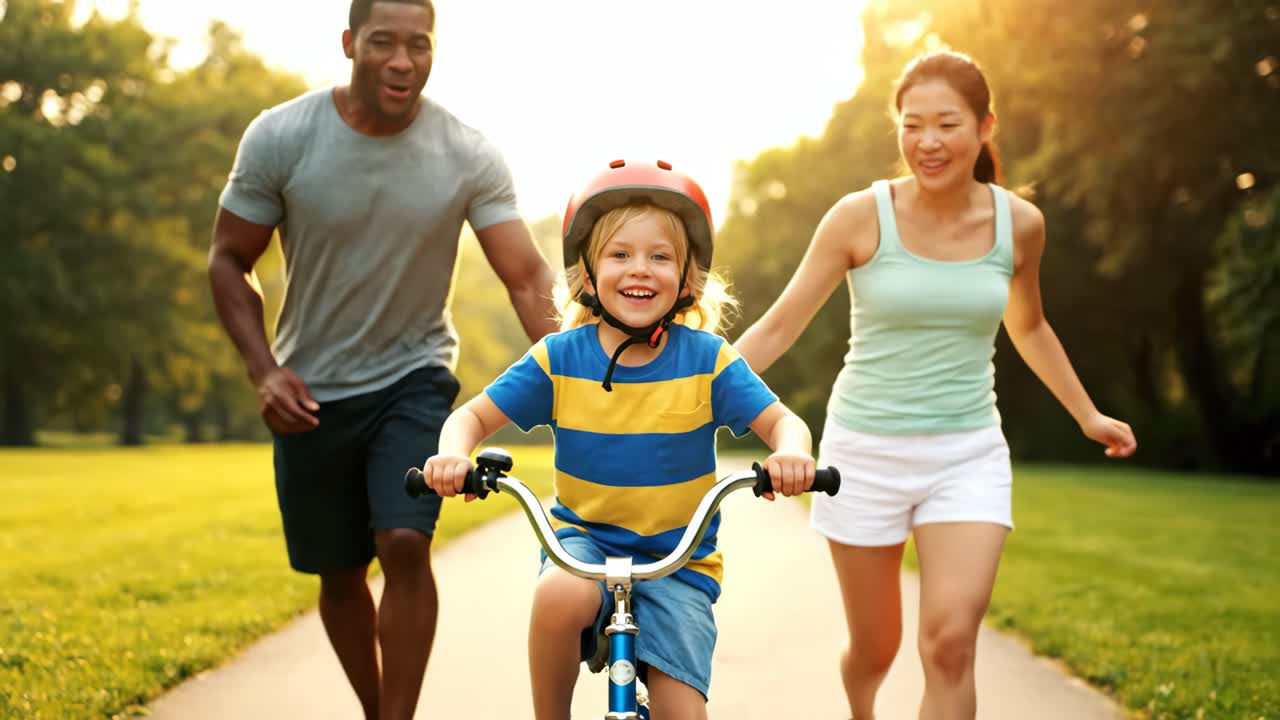 A family enjoys a day at the park with their child learning to ride a bicycle