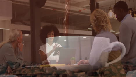 business team collaborating in modern office, with animated coffee pouring over mug and beans