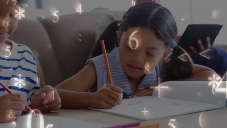 schoolchildren doing homework while numbers and symbols move